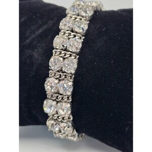 Double Row Rhinestone Bracelet Silver Tone Chain Link Crystal Statement 6.5"